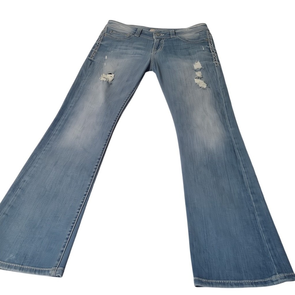 BKE Payton Jeans Womens 27 Light Blue Distressed 29x33 Embroidered Bootcut Denim
